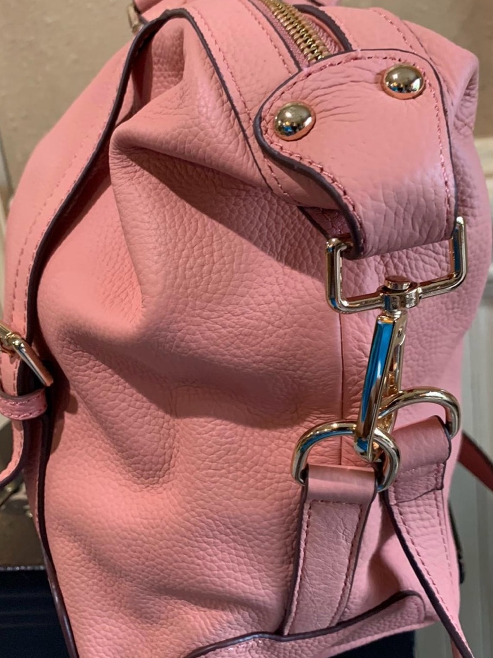 Ora Delphine Salmon Pink Pebble Leather Satchel Handbag with Gold Accents - Picture 4 of 9